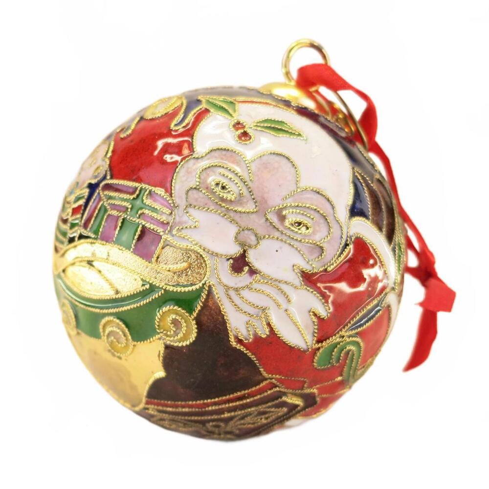 Cloisonne Enameled Santa Reindeer Christmas Ornament Red Velvet Box